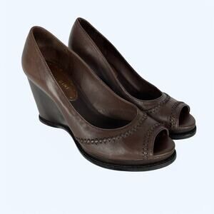 Gianni Bini Brown Leather Open Toe Wedge Heels 7.5M
